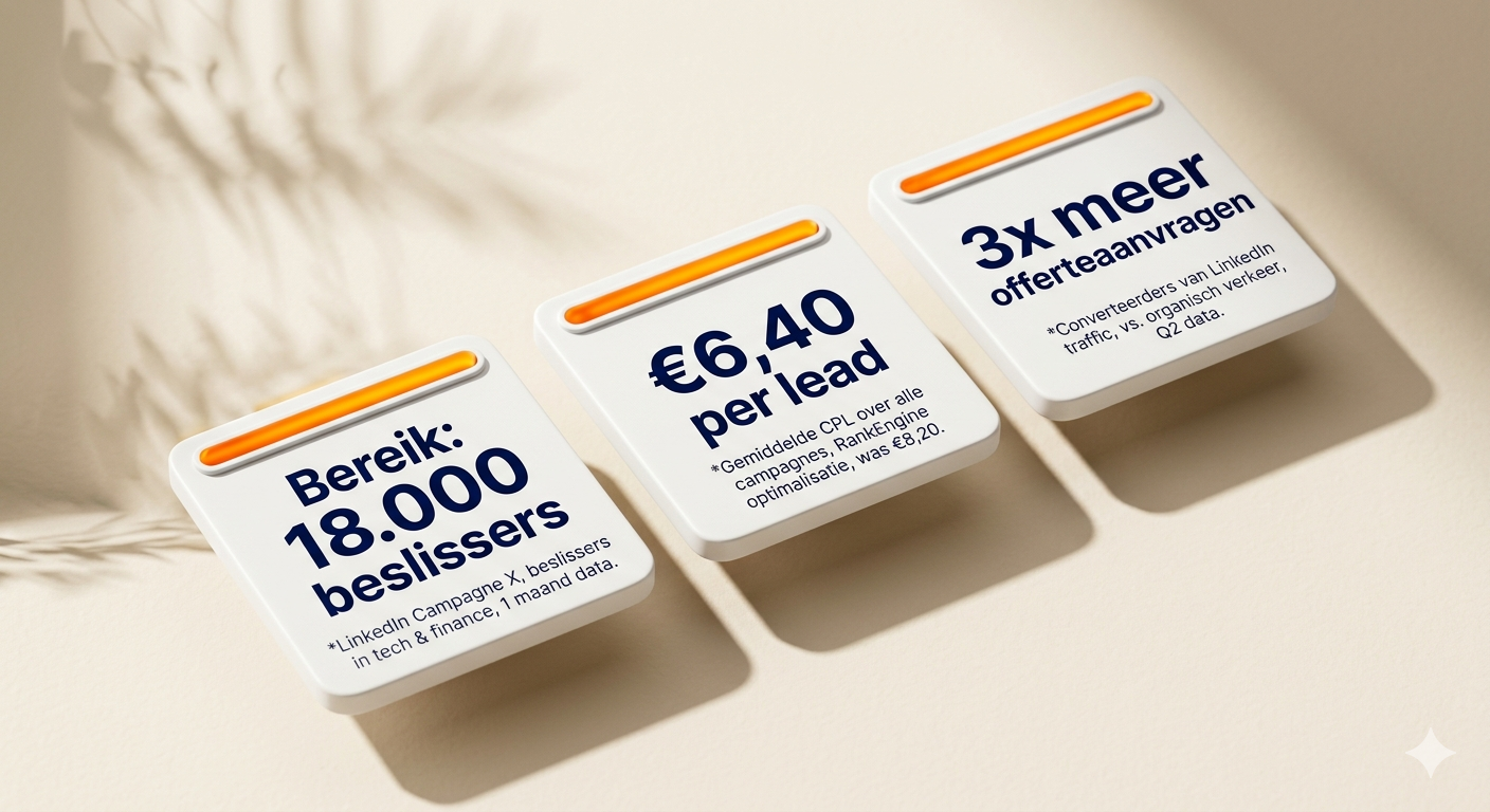 LinkedIn Campaign Manager met cost per lead dashboard en lead formulier op mobiel